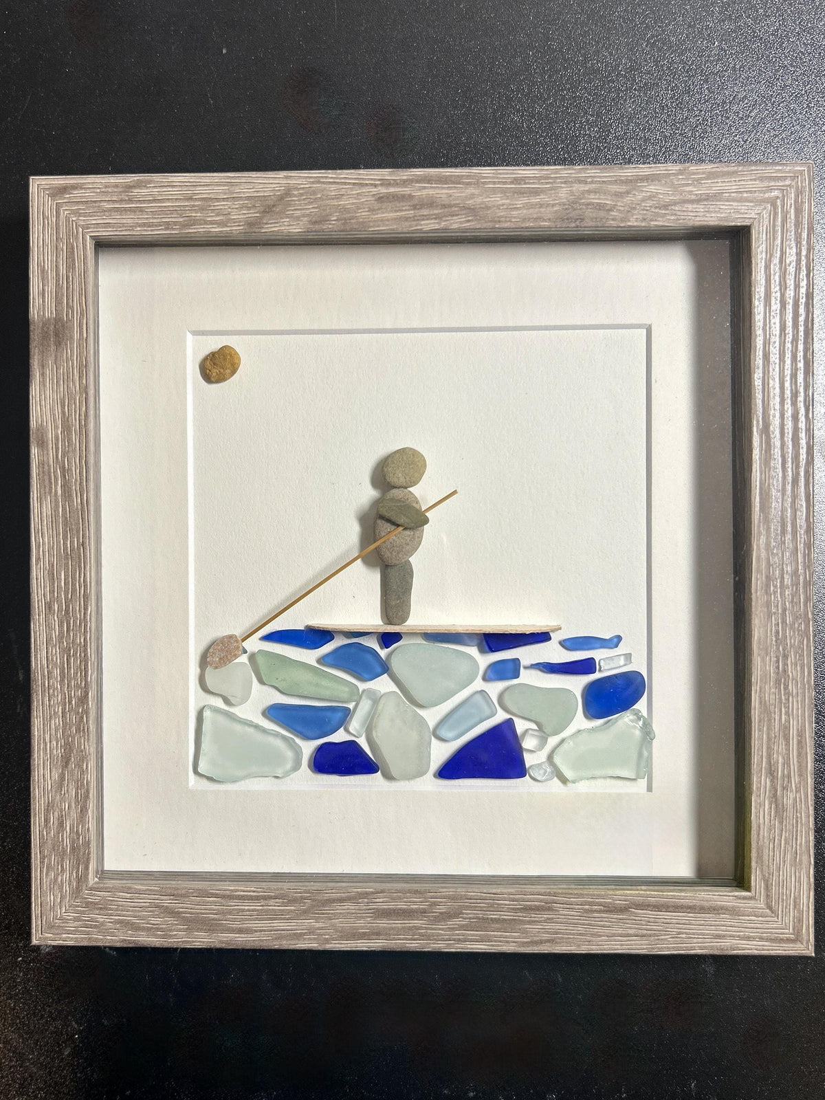 Paddle Boarding Sea Glass & Pebble Artwork, 9x9 Framed Handmade Gift for Paddle Boarder
