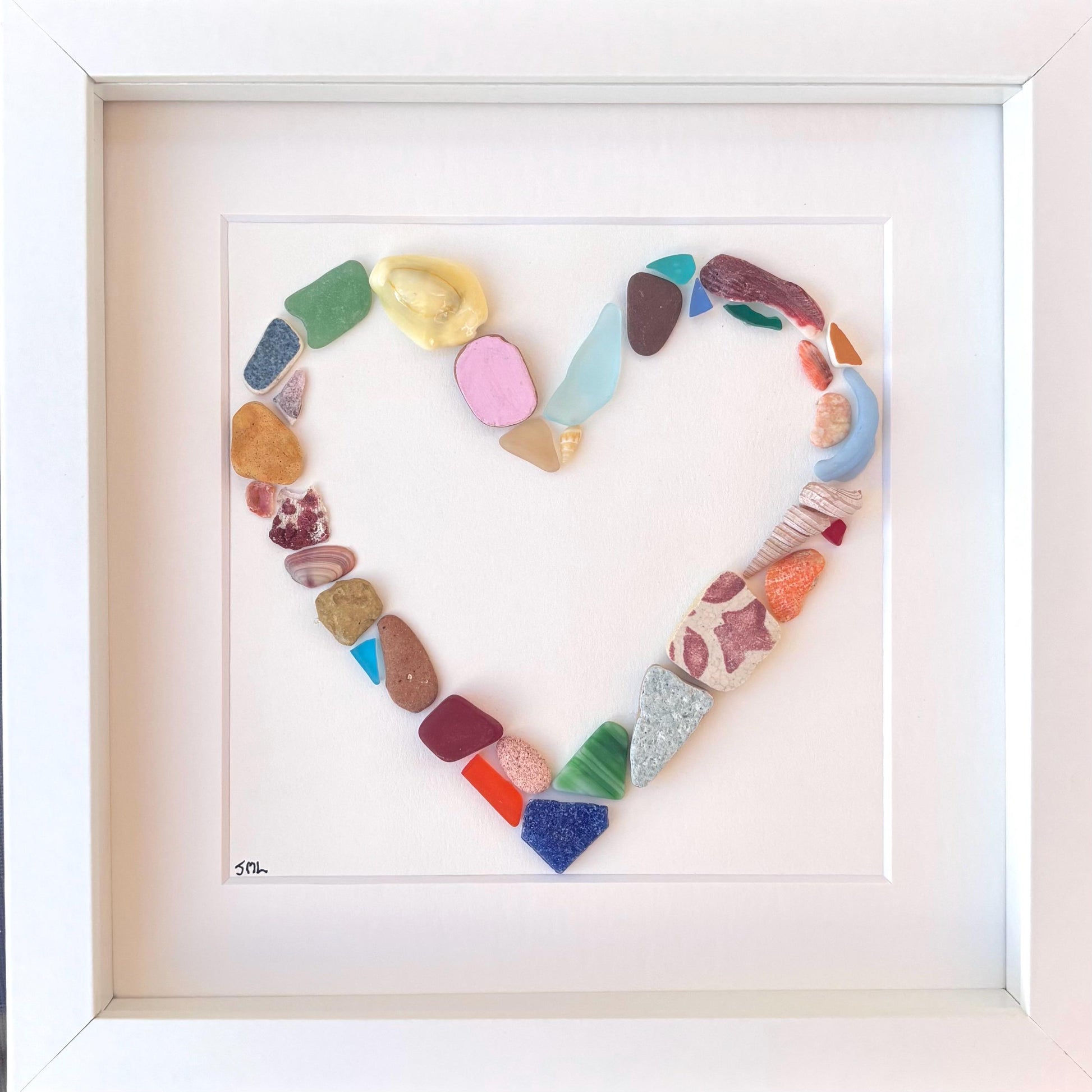 Scottish Sea Glass Heart Collage, Framed Coastal Decor, Valentines Day (9x9)