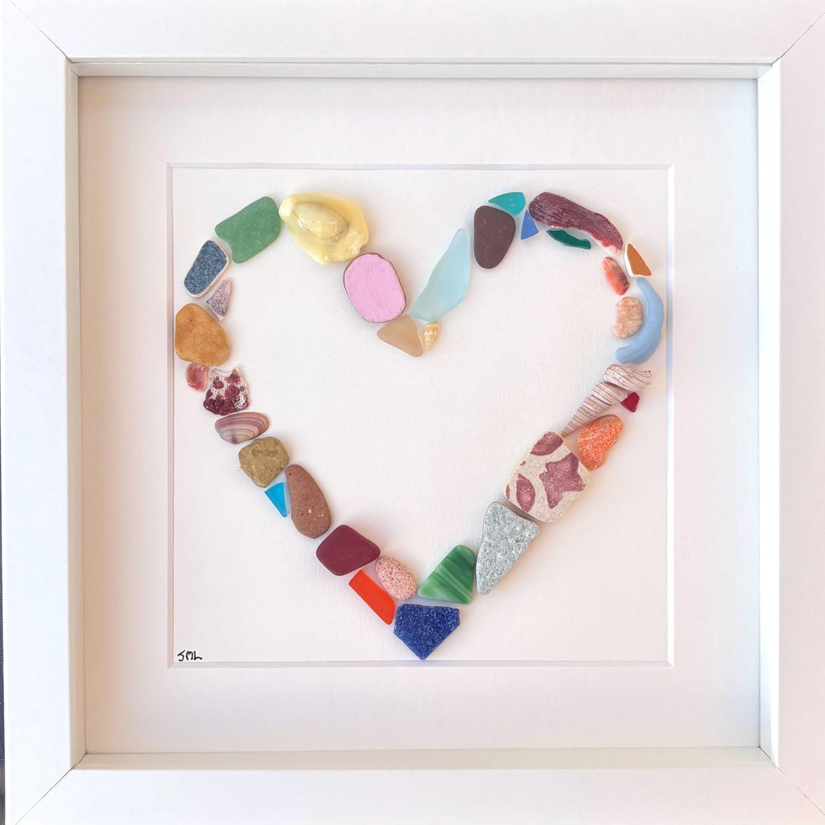 Heart Shaped Beach Collage Made of Scottish Sea Glass, Shells, Sea Pottery and Pebbles, 9x9 Framed Handmade Coastal Decor
