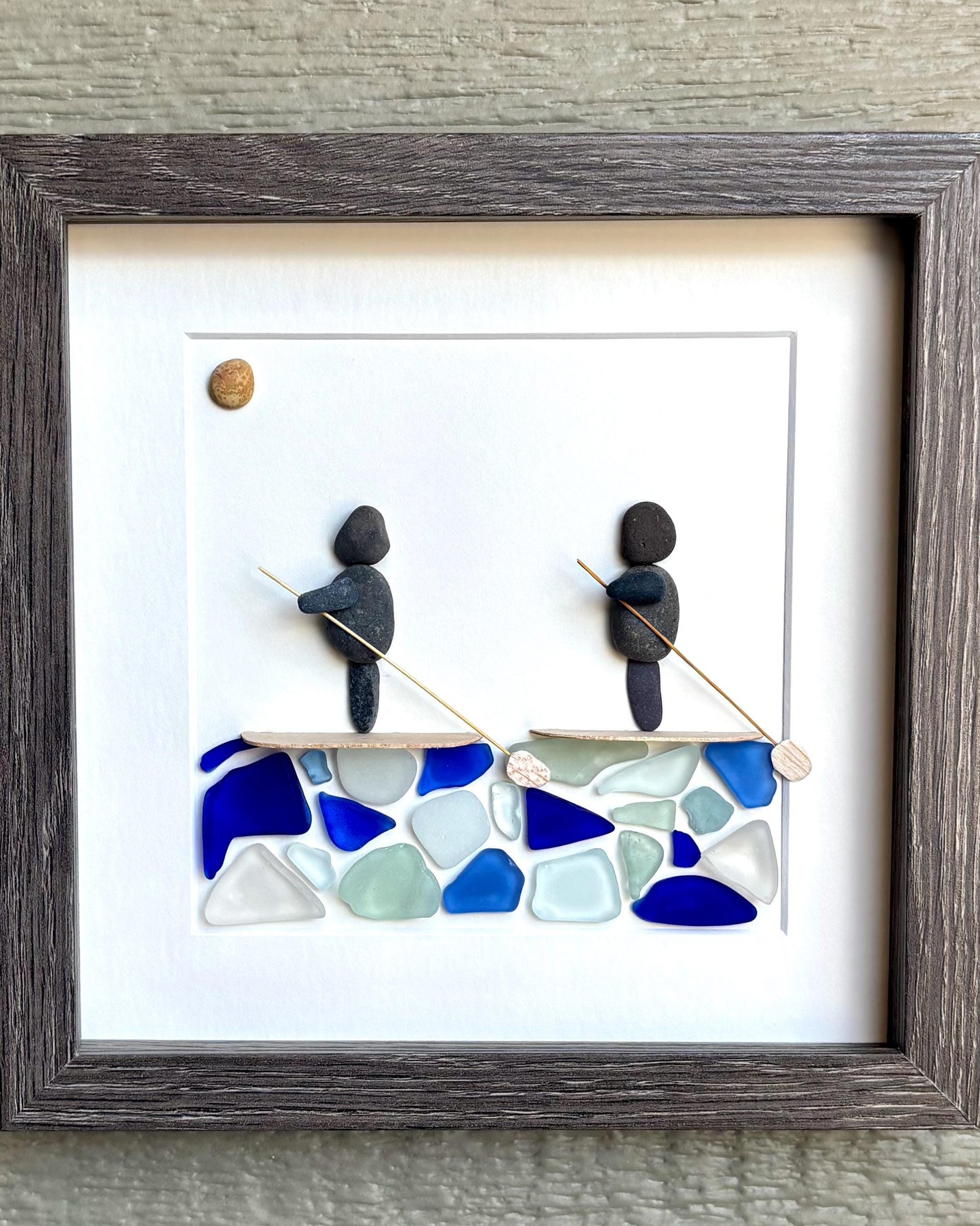 Paddle Boarders Framed 9x9 Sea Glass & Pebble Artwork, Handmade Gift for Couple or Friends