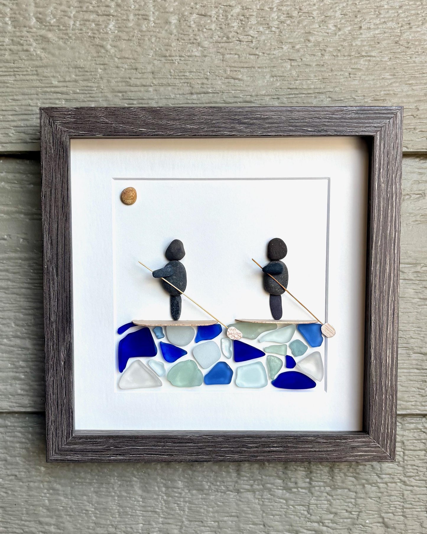 Paddle Boarders Framed 9x9 Sea Glass & Pebble Artwork, Handmade Gift for Couple or Friends