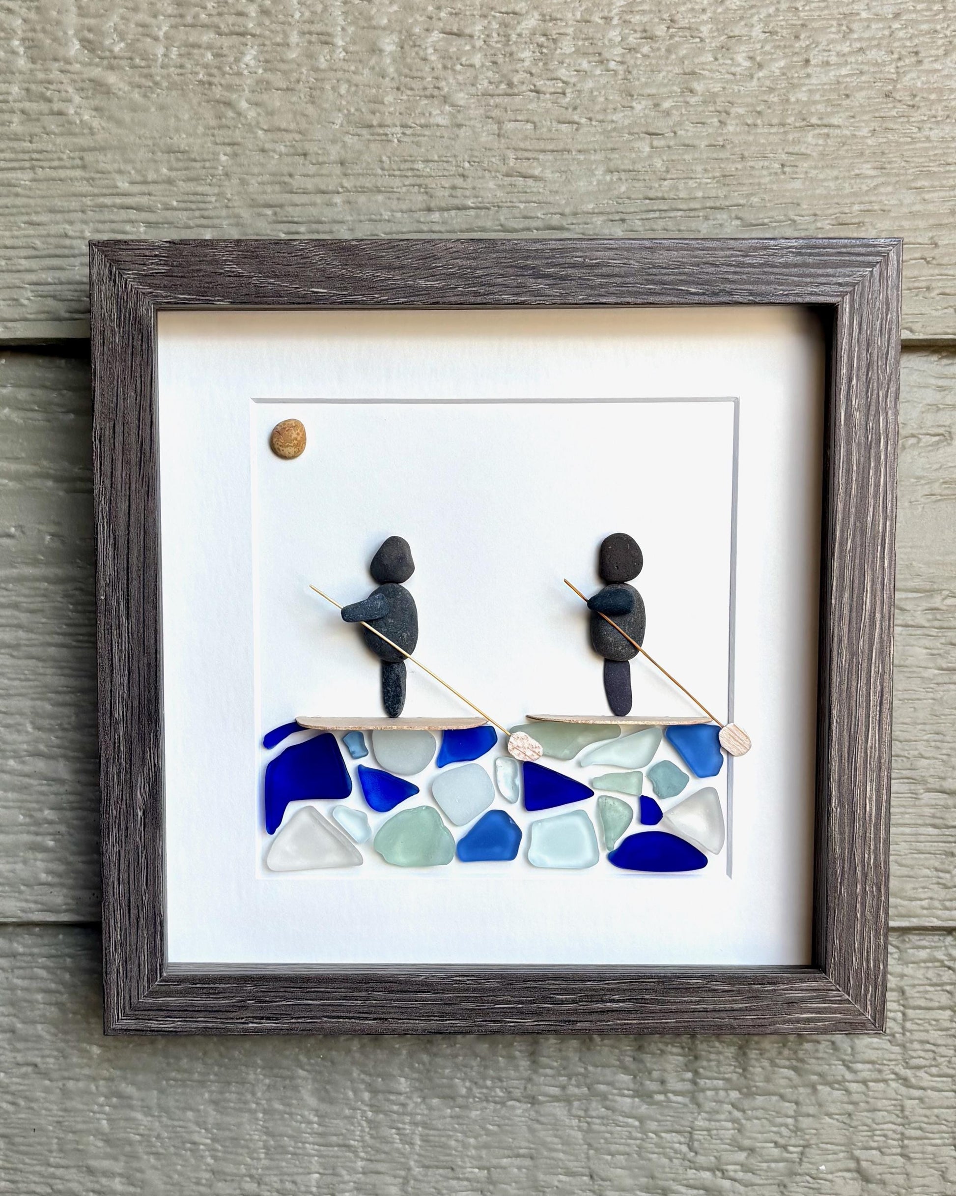 Paddle Boarders Framed 9x9 Sea Glass & Pebble Artwork, Handmade Gift for Couple or Friends