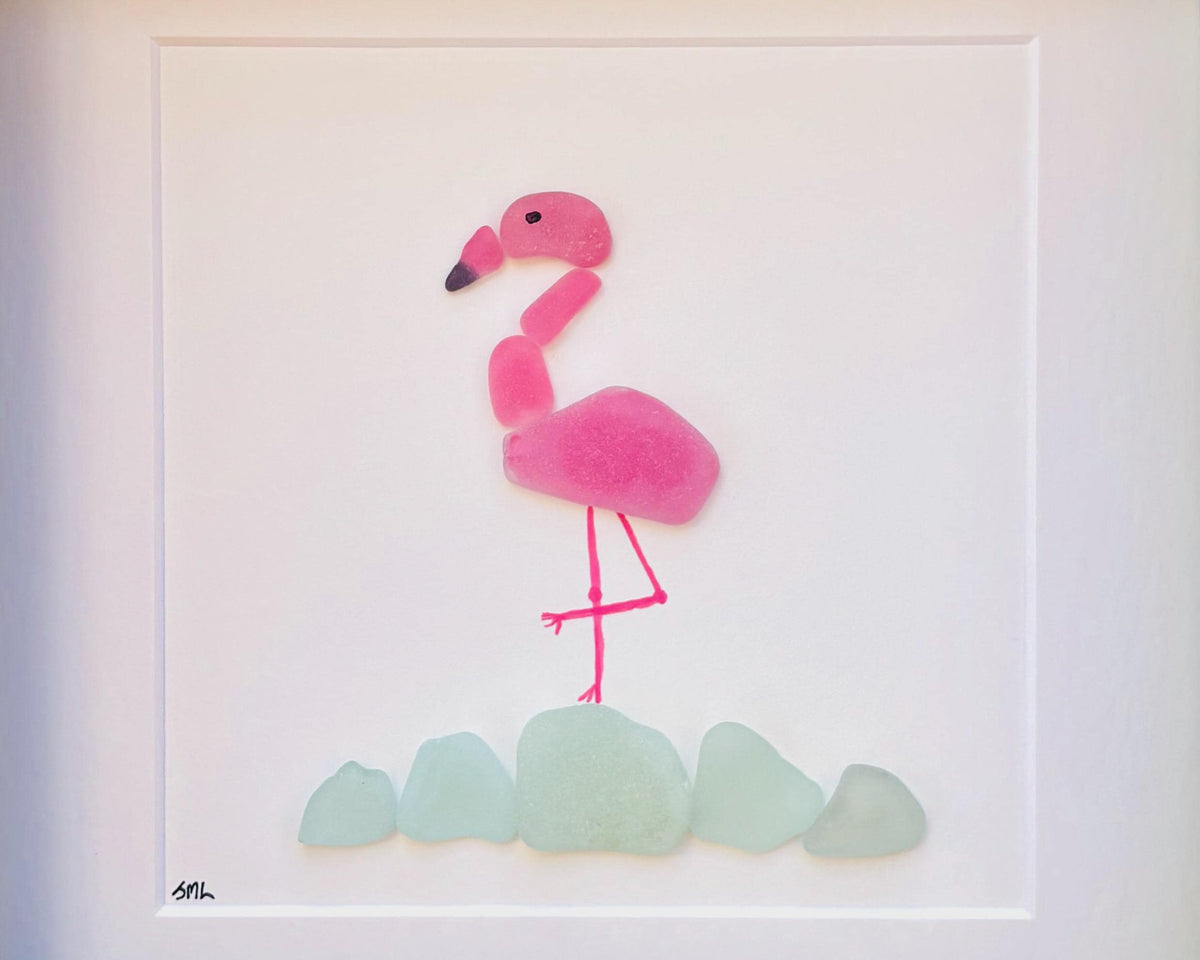 Pink Flamingo Sea Glass Art | Tropical Bird Wall Decor | Handmade Beach House Artwork | Unique Coastal Gift