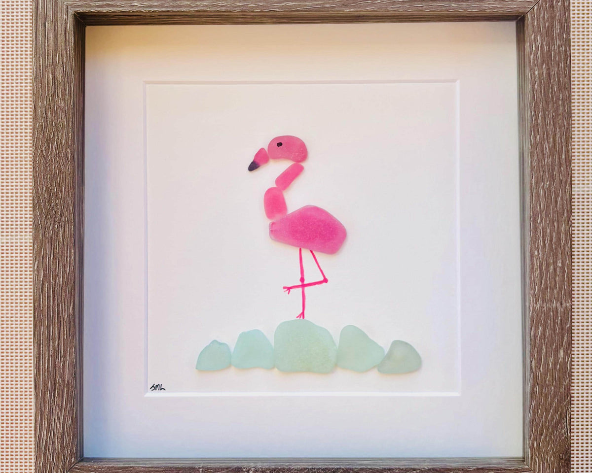 Pink Flamingo Sea Glass Art | Tropical Bird Wall Decor | Handmade Beach House Artwork | Unique Coastal Gift