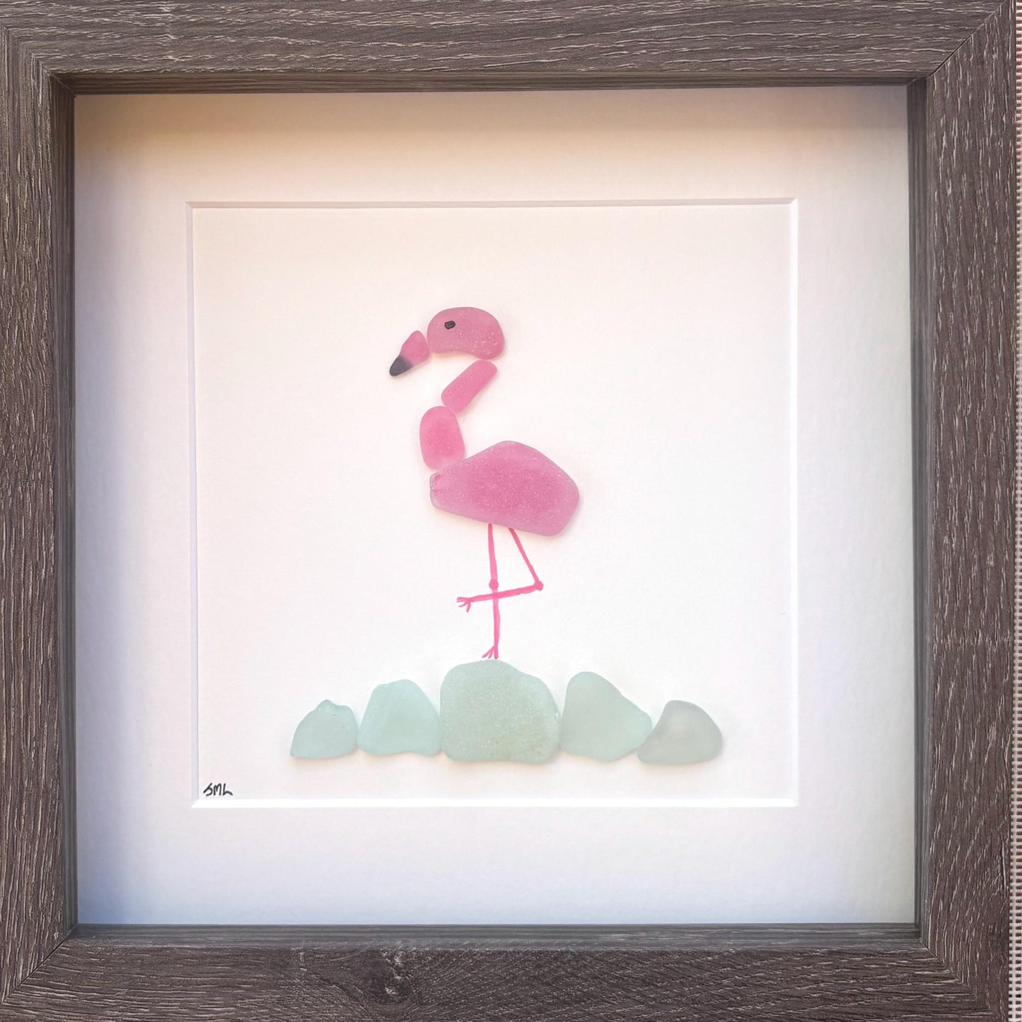 Pink Flamingo Sea Glass Art | Handmade Tropical Coastal Wall Decor