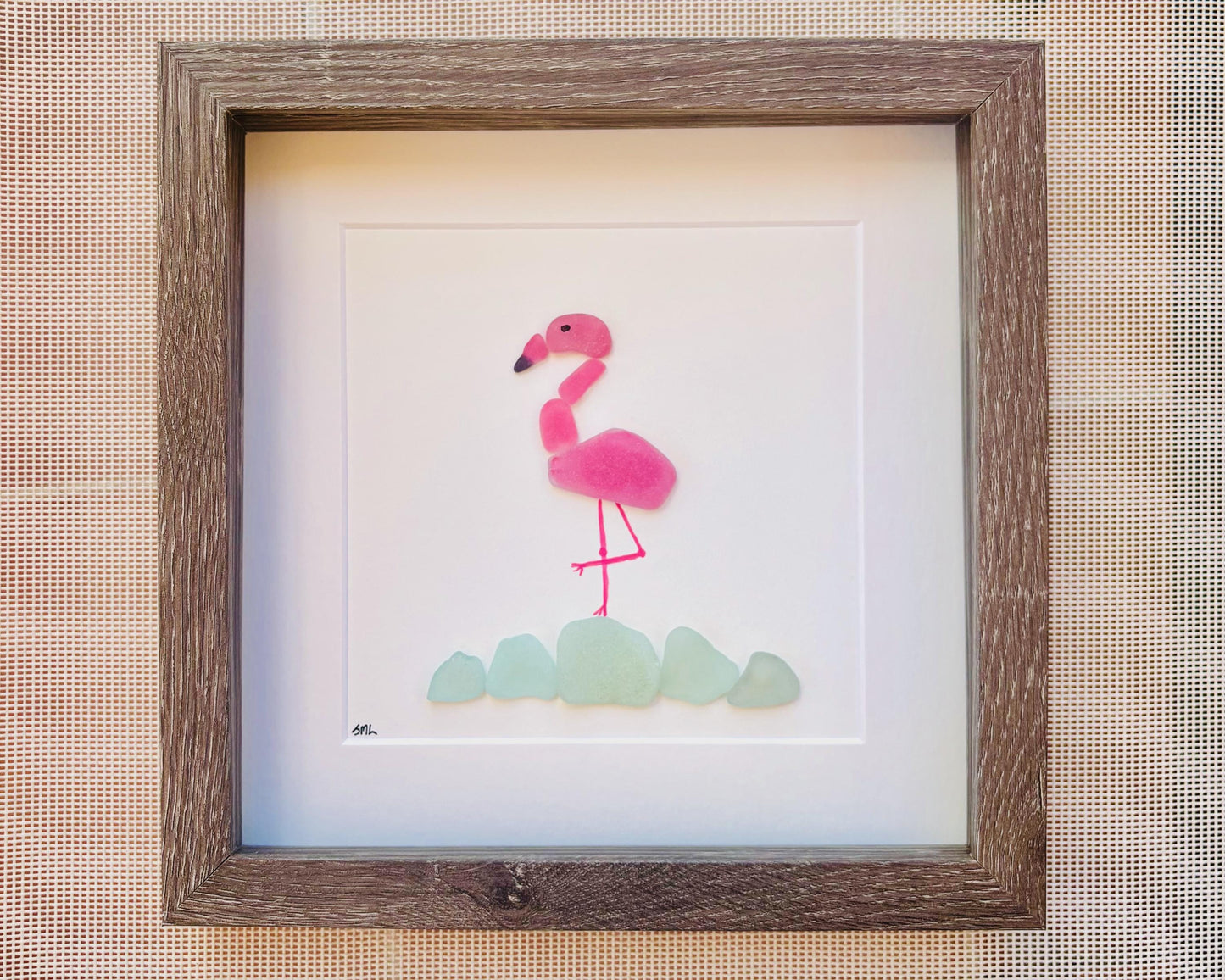 Pink Flamingo Sea Glass Art | Handmade Tropical Coastal Wall Decor