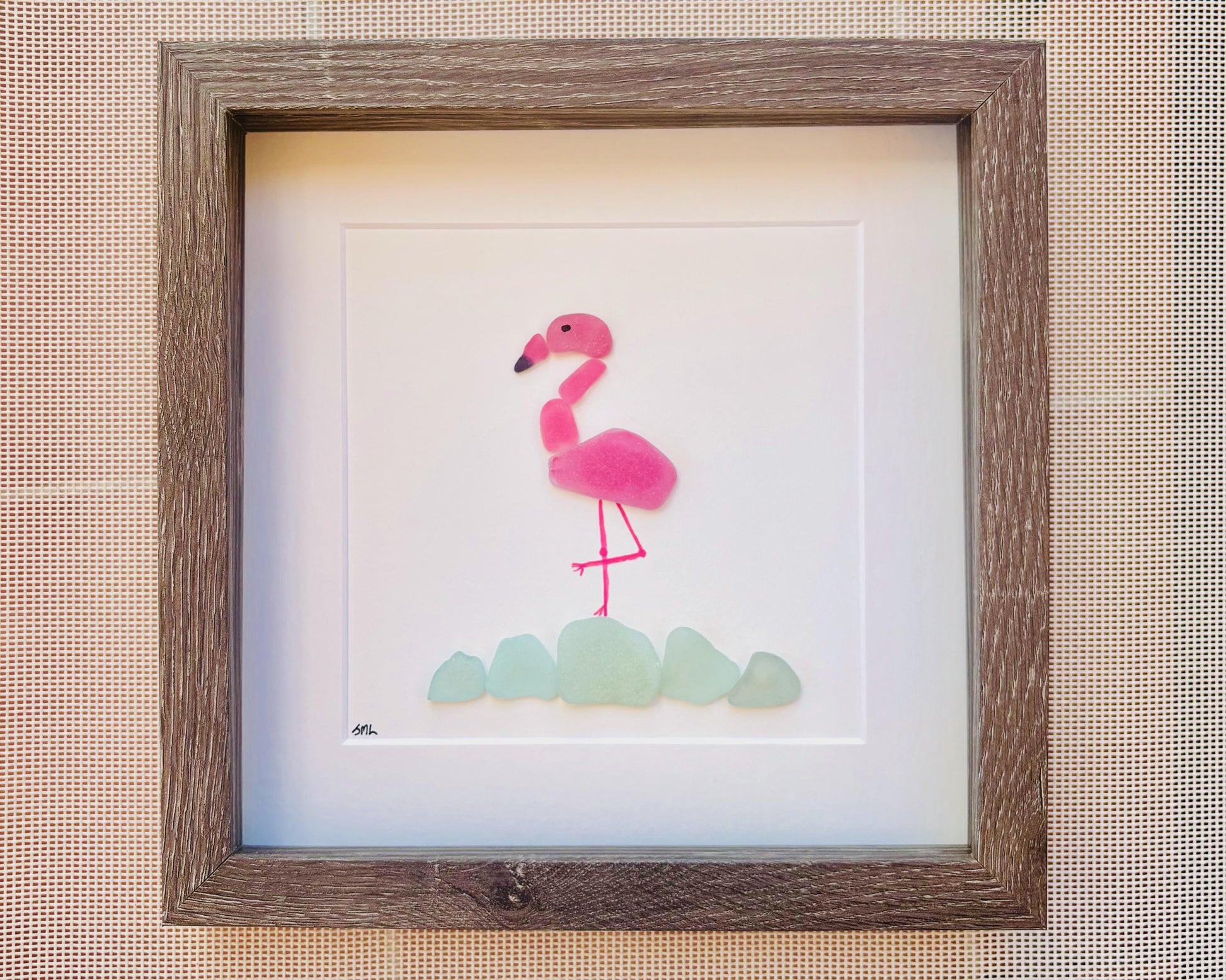 Pink Flamingo Sea Glass Art | Handmade Tropical Coastal Wall Decor