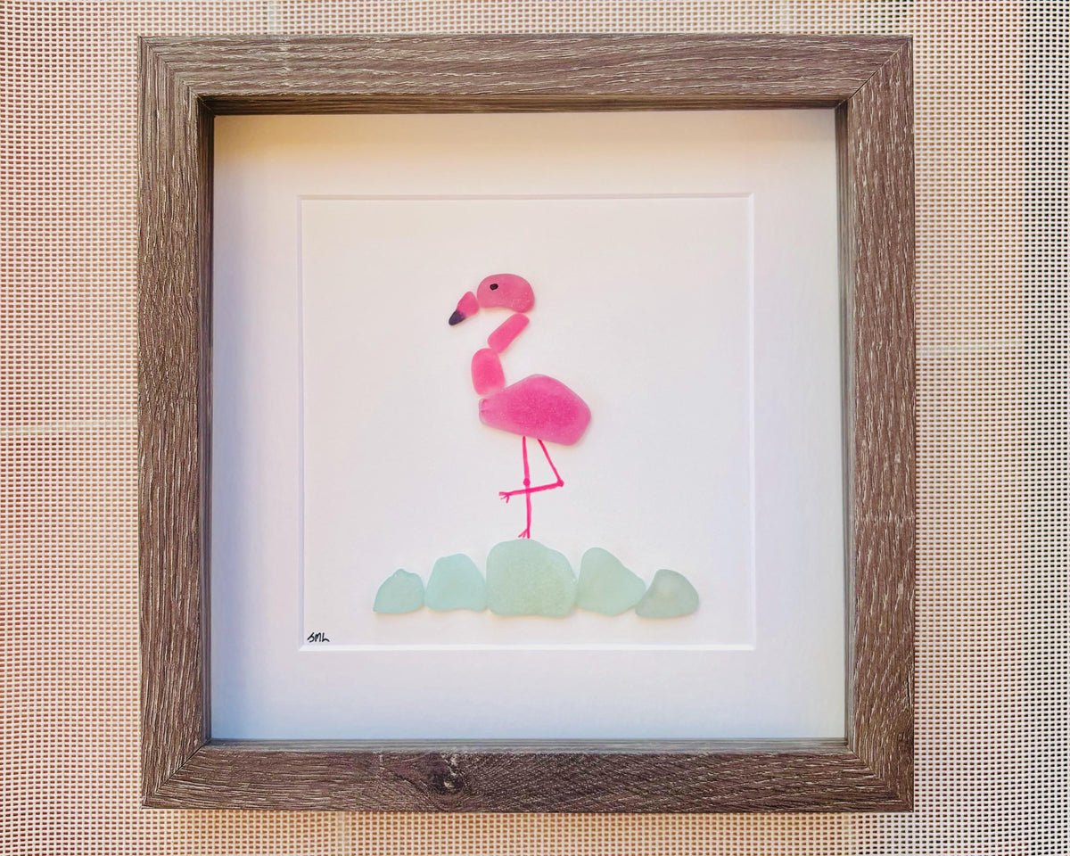 Pink Flamingo Sea Glass Art | Tropical Bird Wall Decor | Handmade Beach House Artwork | Unique Coastal Gift