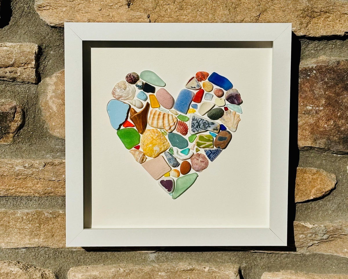 Mosaic Heart Sea Glass Art | Colorful Beach Glass Wall Decor | Handmade Coastal Heart Artwork | Unique Ocean Lover Gift