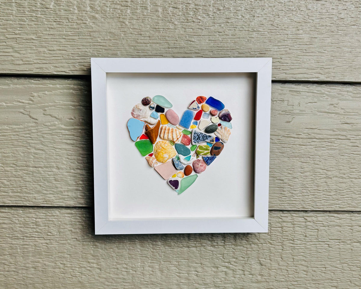 Mosaic Heart Sea Glass Art | Colorful Beach Glass Wall Decor | Handmade Coastal Heart Artwork | Unique Ocean Lover Gift