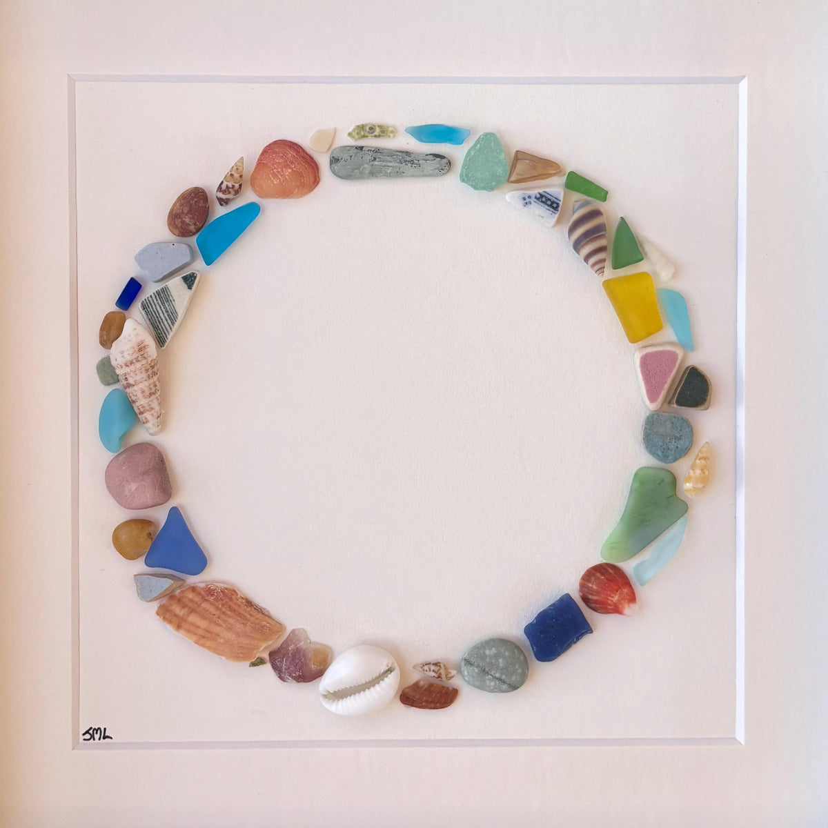 Beach Mosaic Circle Made of Sea Glass, Shells, Sea Pottery and Pebbles, 9x9 Framed Handmade Original Coastal Decor
