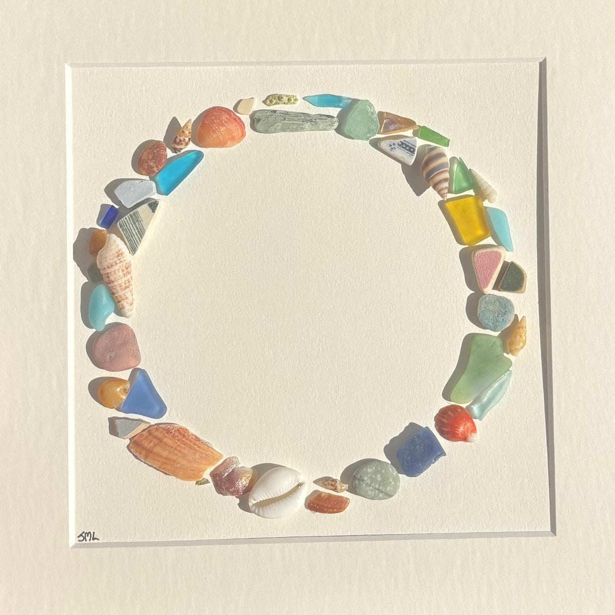 Beach Mosaic Circle Made of Sea Glass, Shells, Sea Pottery and Pebbles, 9x9 Framed Handmade Original Coastal Decor