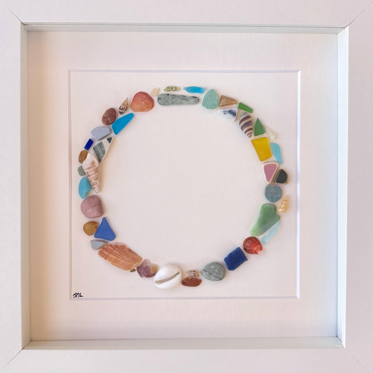 Beach Mosaic Circle Made of Sea Glass, Shells, Sea Pottery and Pebbles, 9x9 Framed Handmade Original Coastal Decor