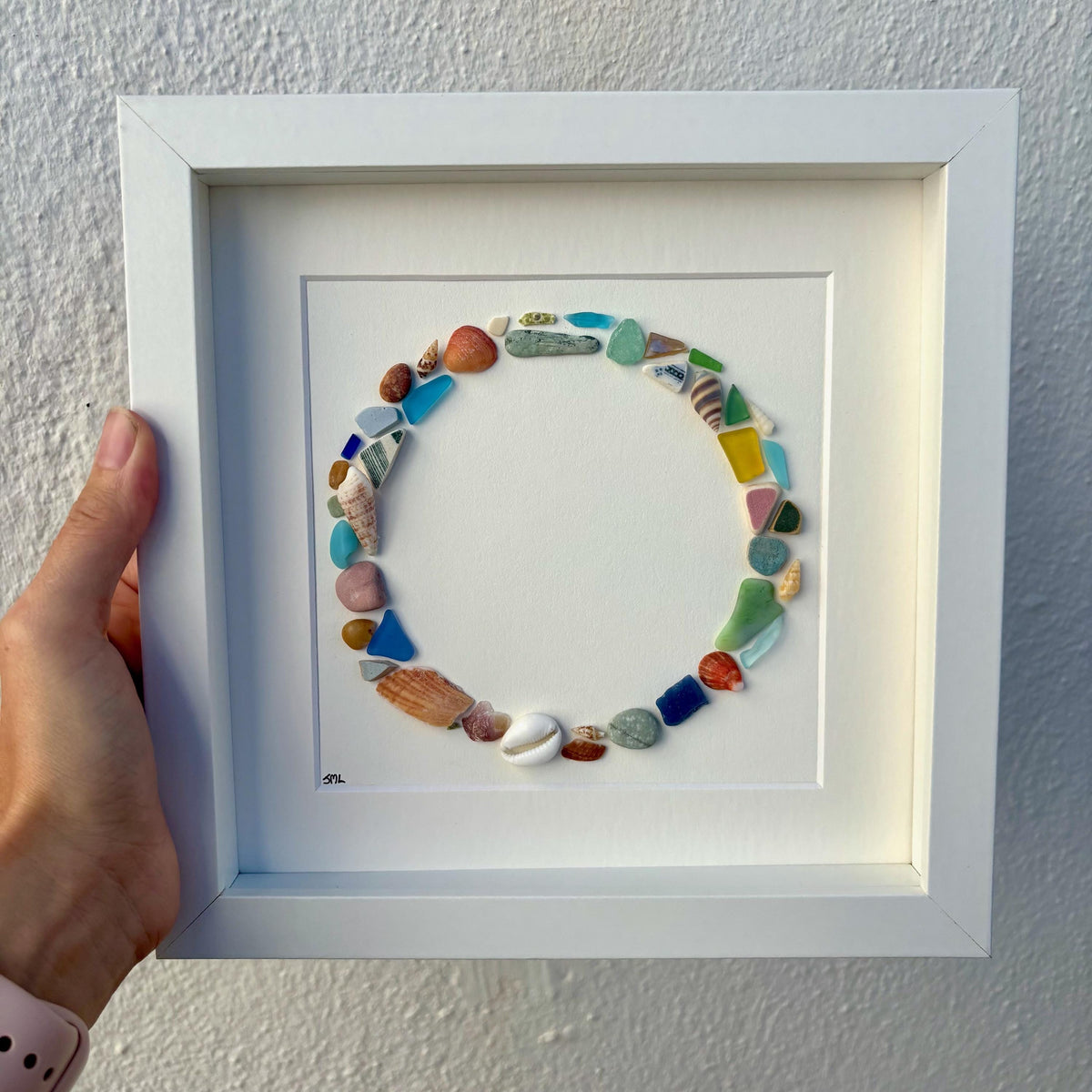 Beach Mosaic Circle Made of Sea Glass, Shells, Sea Pottery and Pebbles, 9x9 Framed Handmade Original Coastal Decor