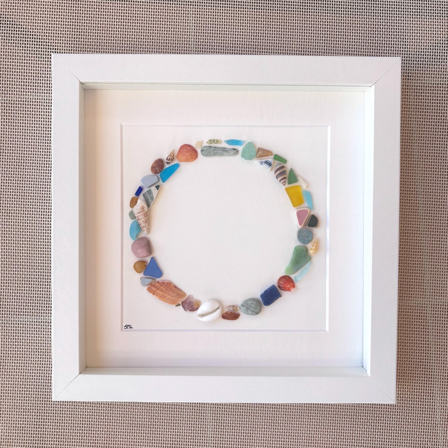 Sea Glass Circle Mosaic, Framed Beach Coastal Decor (9x9)