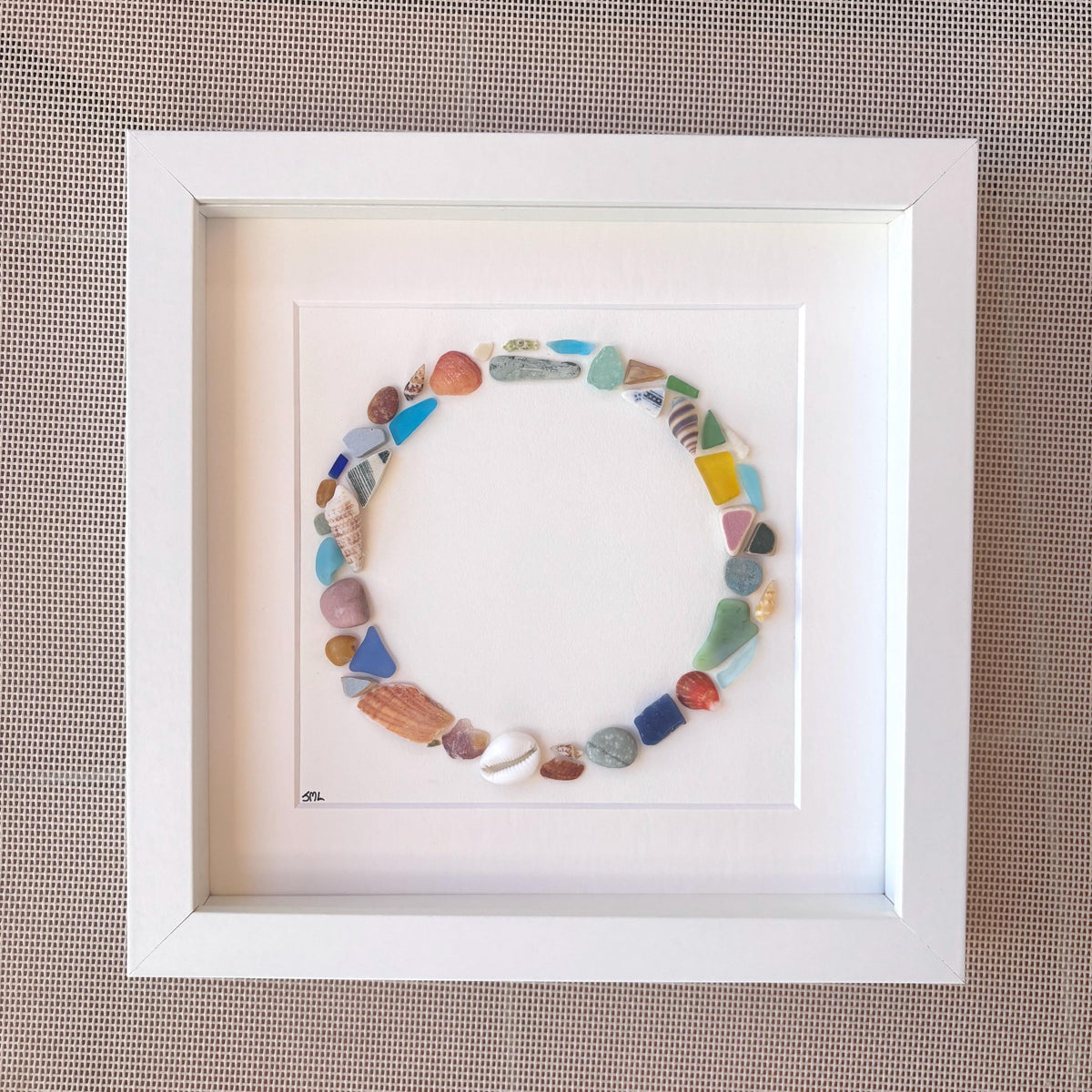 Beach Mosaic Circle Made of Sea Glass, Shells, Sea Pottery and Pebbles, 9x9 Framed Handmade Original Coastal Decor