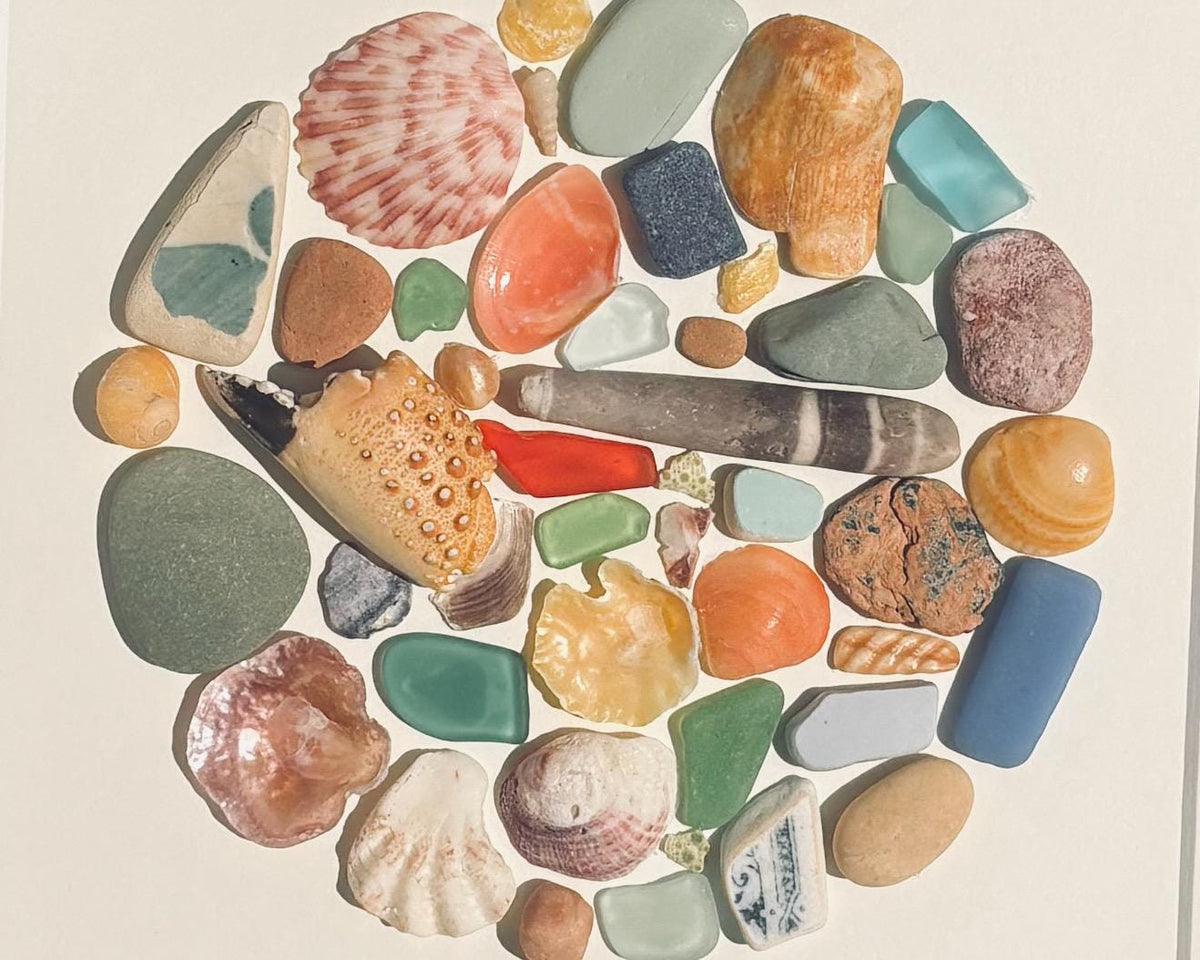 Beach Treasure Mosaic Circle Made of Sea Glass, Shells, Sea Pottery and Pebbles, 9x9 Framed Handmade Original Coastal Decor