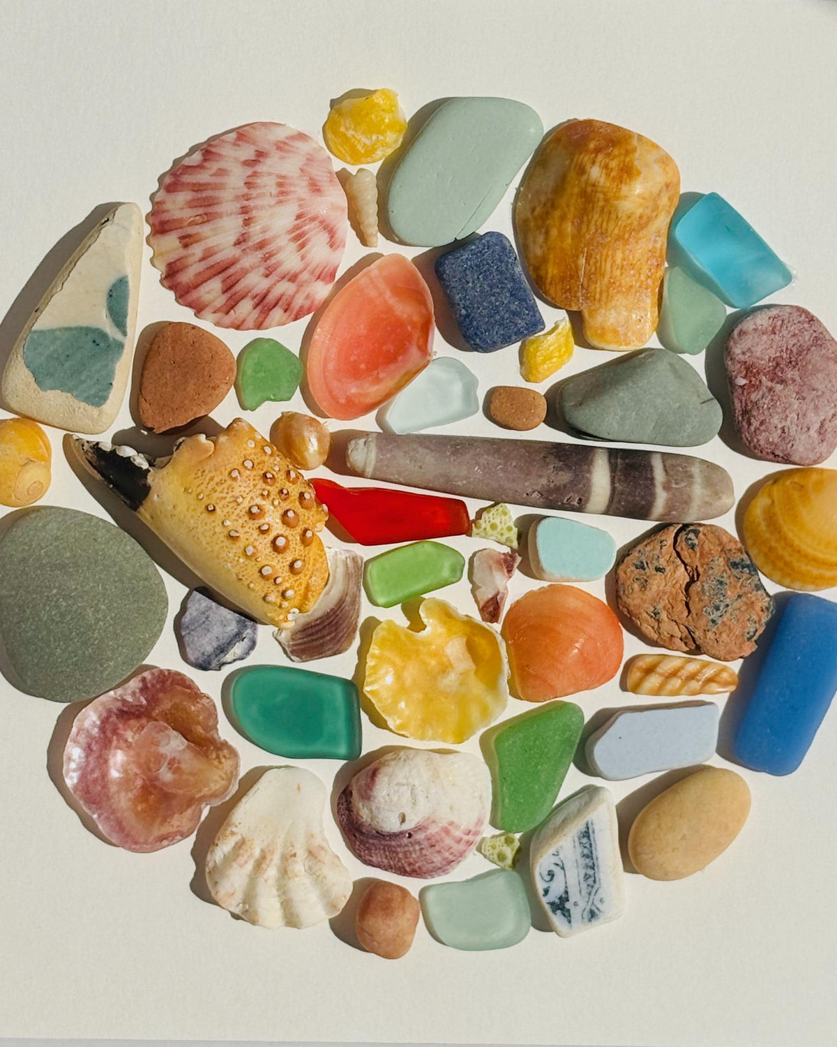 Beach Treasure Mosaic Circle Made of Sea Glass, Shells, Sea Pottery and Pebbles, 9x9 Framed Handmade Original Coastal Decor