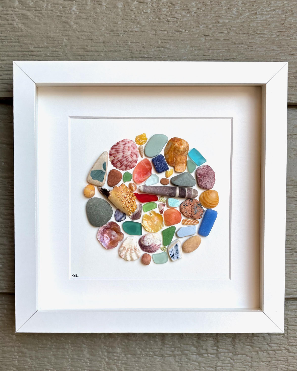 Beach Treasure Mosaic Circle Made of Sea Glass, Shells, Sea Pottery and Pebbles, 9x9 Framed Handmade Original Coastal Decor