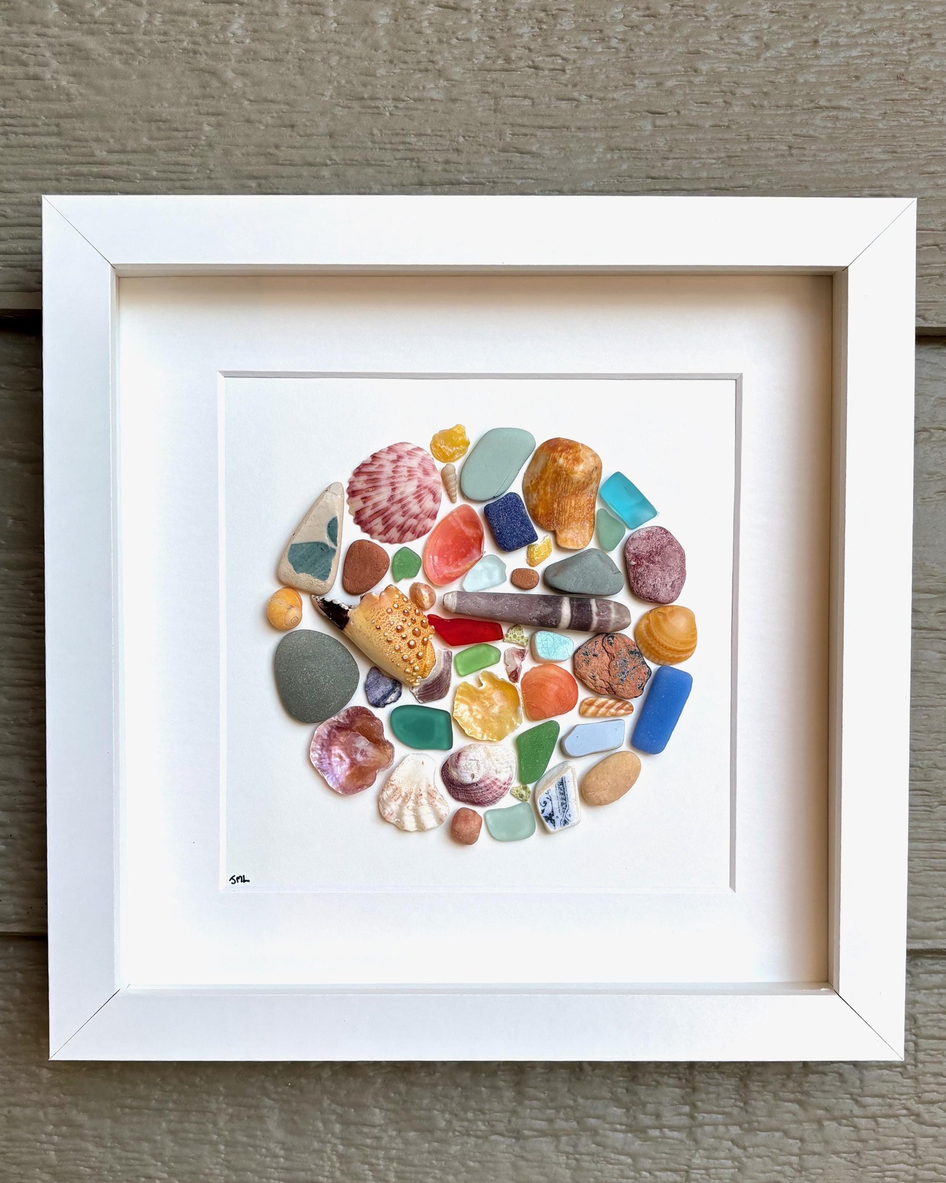 Sea Glass Mosaic Art, Framed Beach Pebble & Shell Circle, Coastal Decor