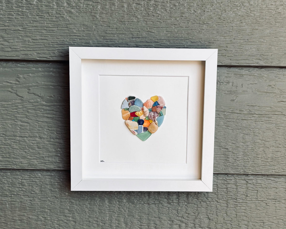 Colorful Heart Beach Collage Made of Scottish Sea Glass, Shells, Sea Pottery and Pebbles, 9x9 Framed Handmade Original Wall Decor