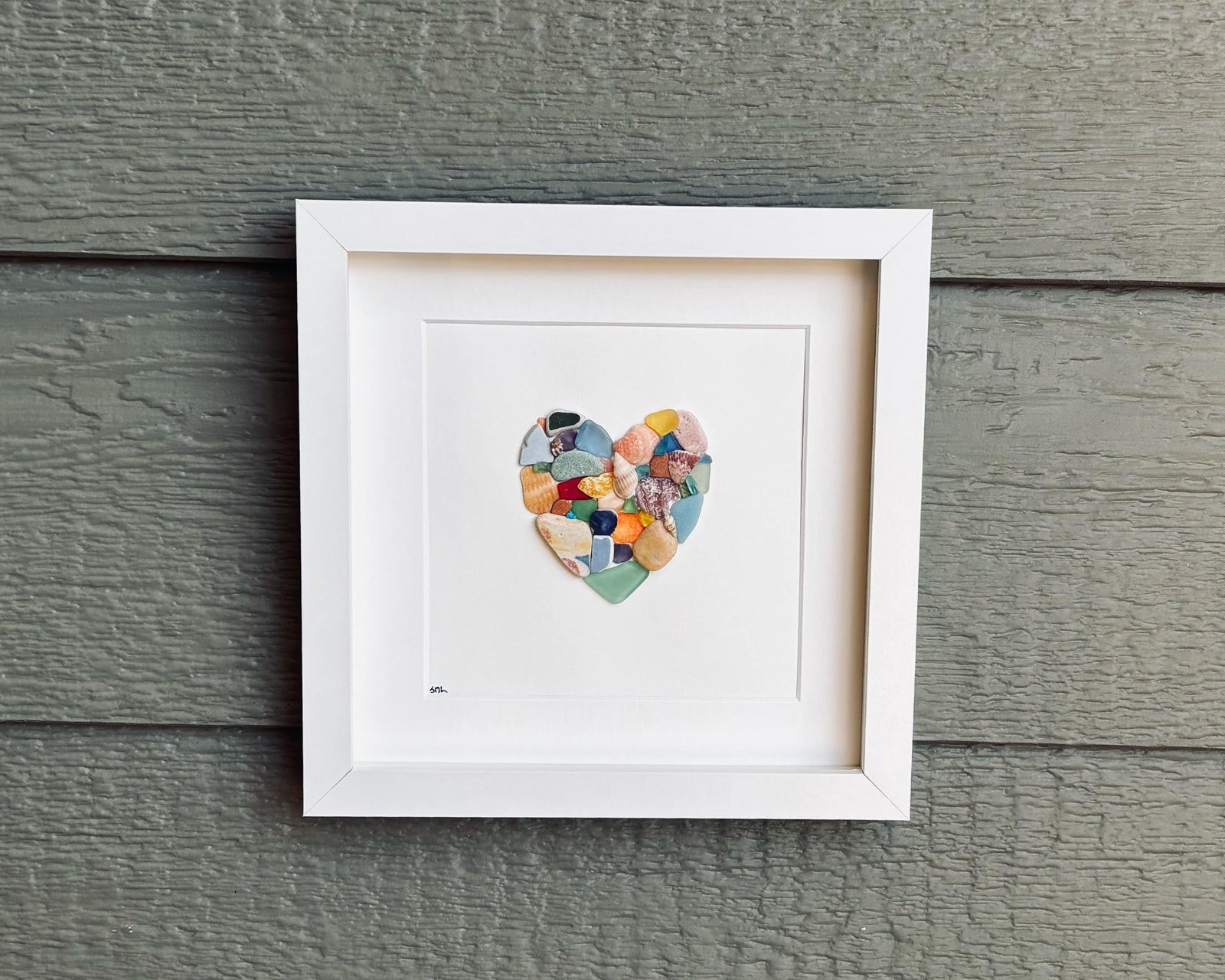 Colorful Heart Beach Collage Made of Scottish Sea Glass, Shells, Sea Pottery and Pebbles, 9x9 Framed Handmade Original Wall Decor
