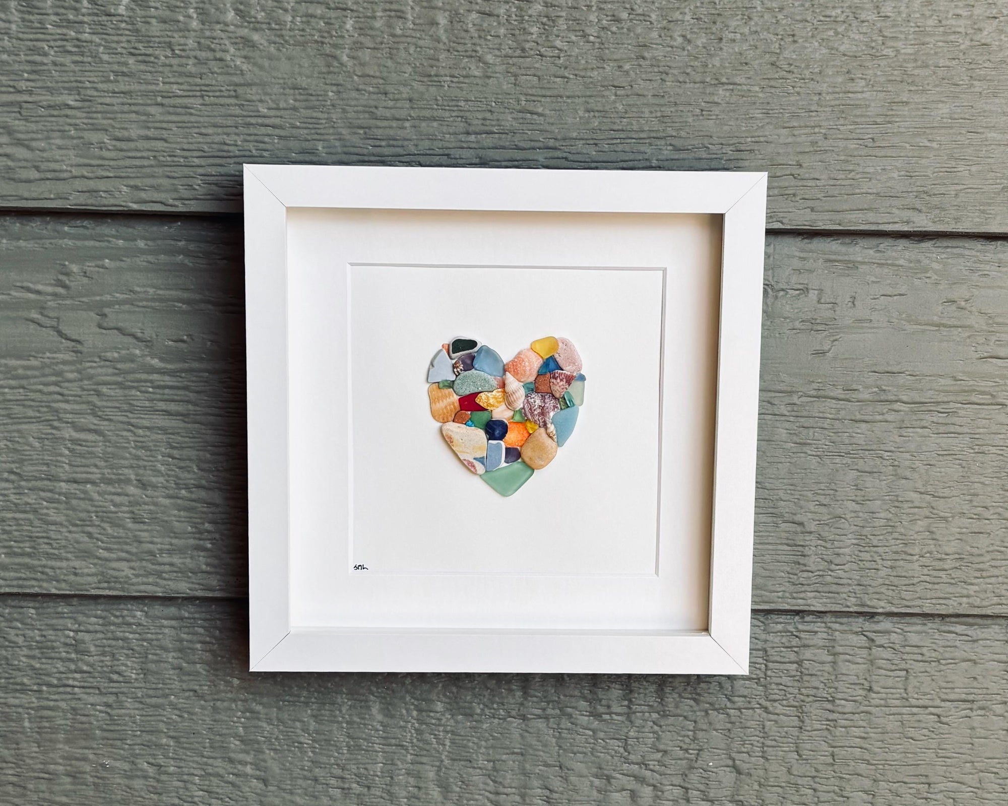 Colorful Heart Beach Collage Made of Scottish Sea Glass, Shells, Sea Pottery and Pebbles, 9x9 Framed Handmade Original Wall Decor
