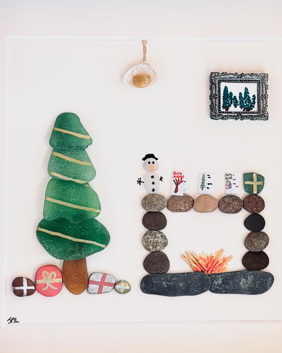 One of a kind Christmas Wall Art Made From Natural Materials incl. Scottish sea glass, beach pebbles, shells; 9x9 Framed Christmas Artwork