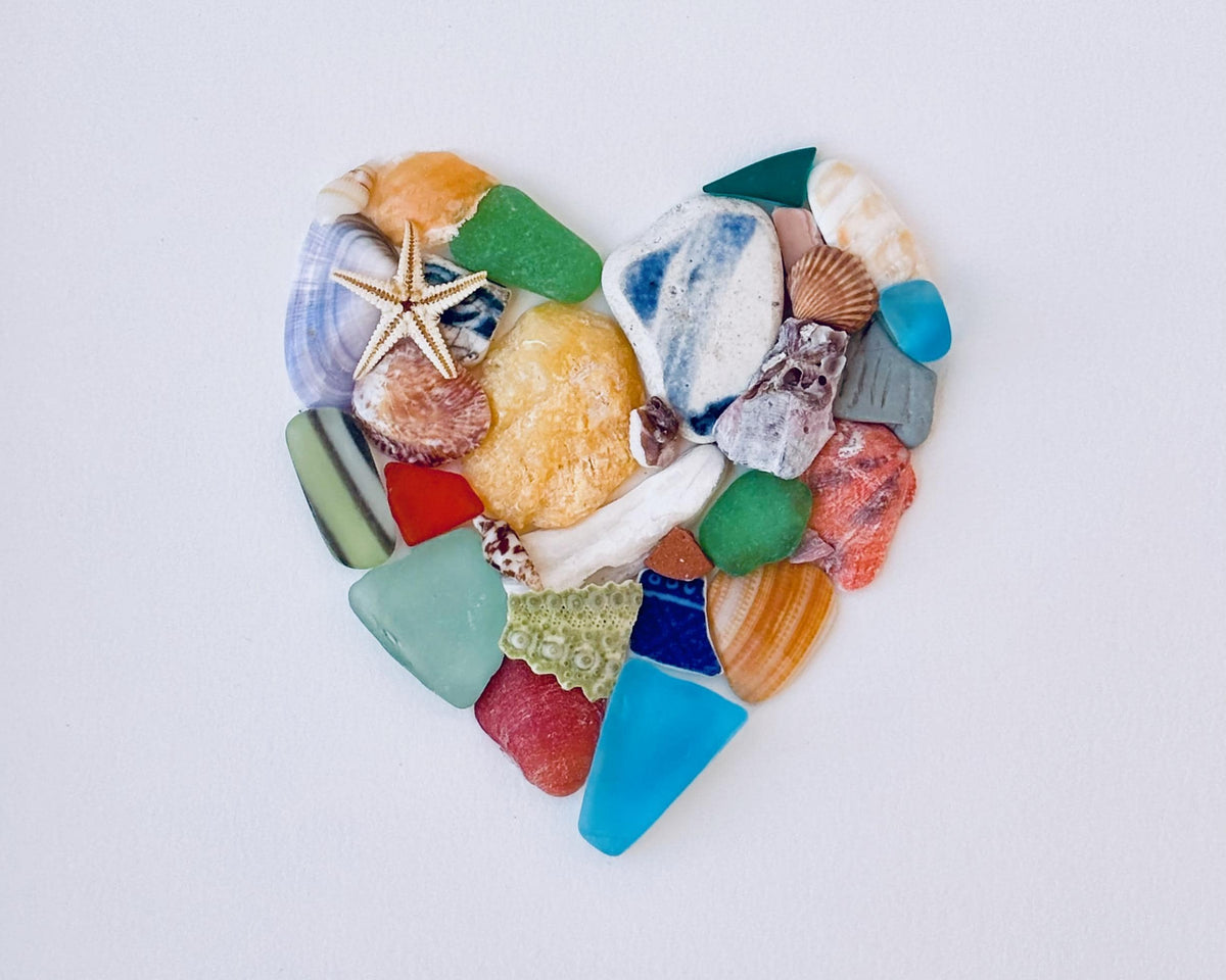 Colorful Heart Beach Collage Made of Scottish Sea Glass, Shells, Sea Pottery and Pebbles, 9x9 Framed Handmade Original Wall Decor