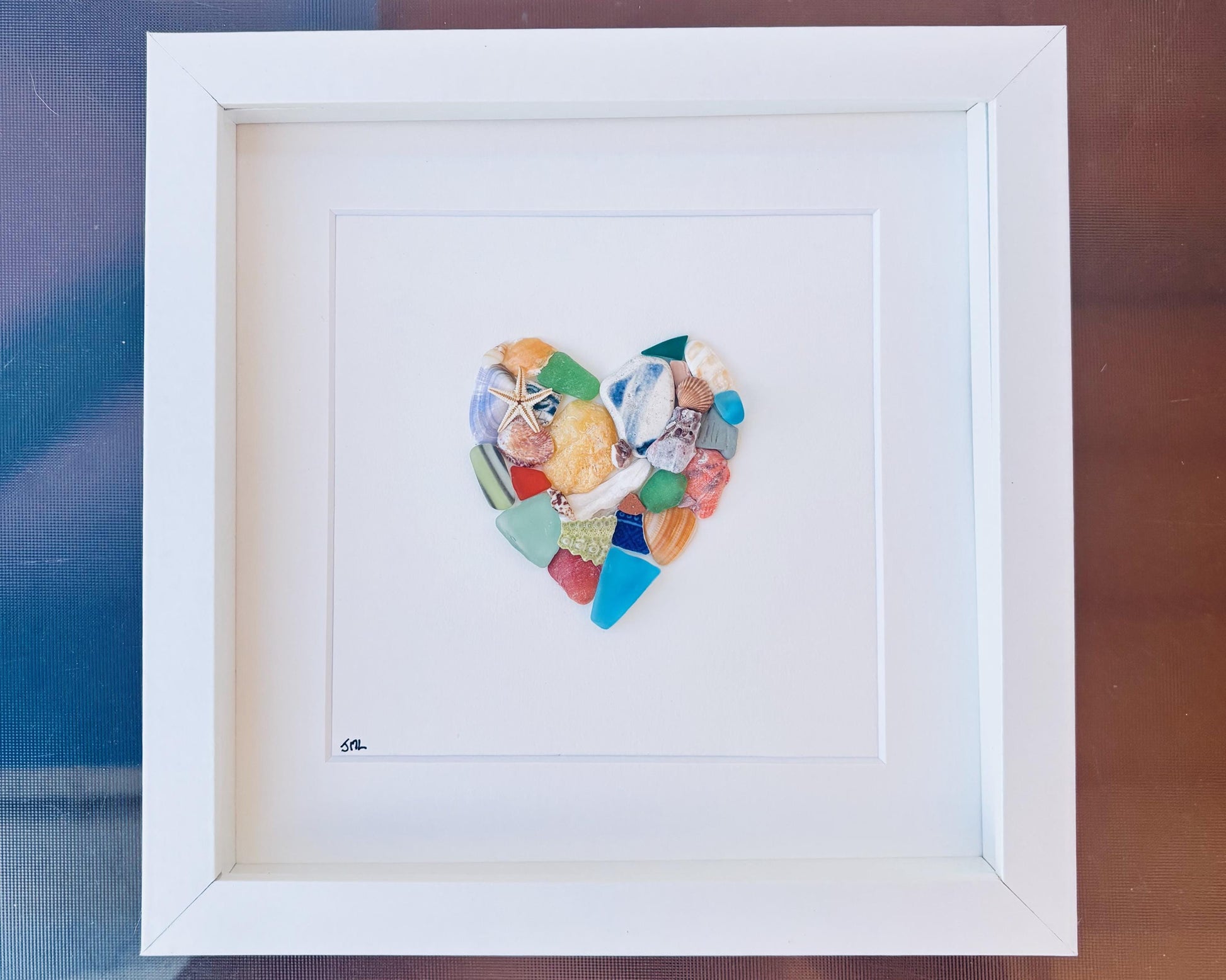 Scottish Sea Glass Heart Collage, Framed Coastal Wall Art (9x9), Valentines Day