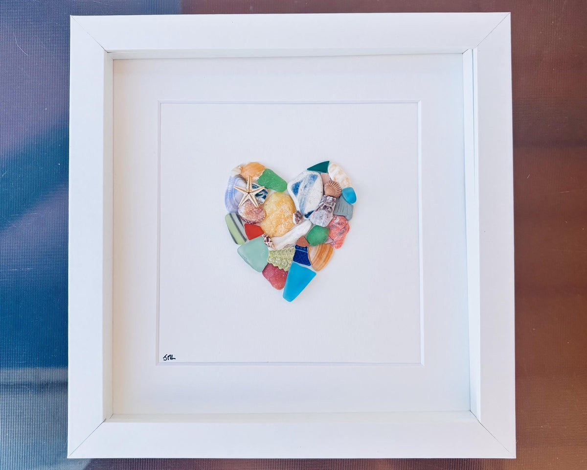 Colorful Heart Beach Collage Made of Scottish Sea Glass, Shells, Sea Pottery and Pebbles, 9x9 Framed Handmade Original Wall Decor