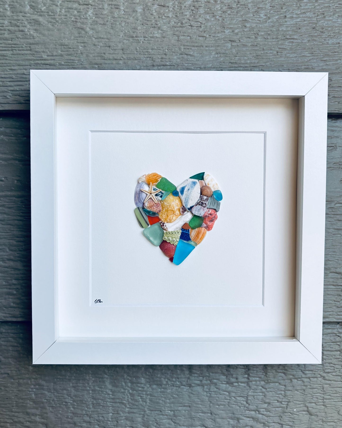 Scottish Sea Glass Heart Collage, Framed Coastal Wall Art (9x9), Valentines Day