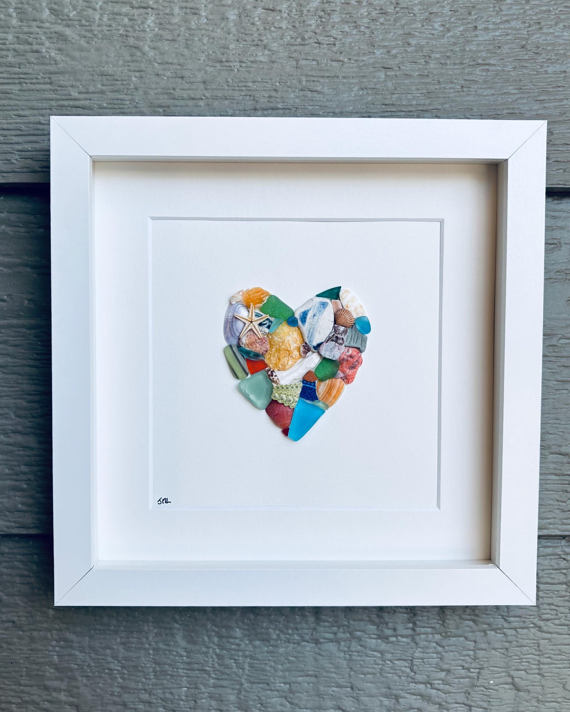 Scottish Sea Glass Heart Collage, Framed Coastal Wall Art (9x9), Valentines Day