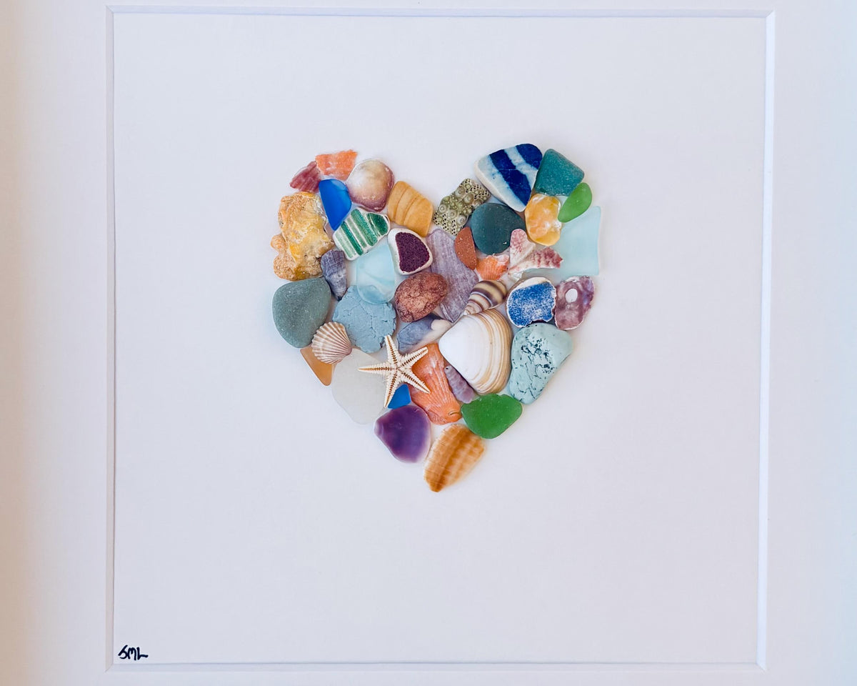 Colorful Heart Beach Collage Made of Scottish Sea Glass, Shells, Sea Pottery and Pebbles, 9x9 Framed Handmade Original Wall Decor