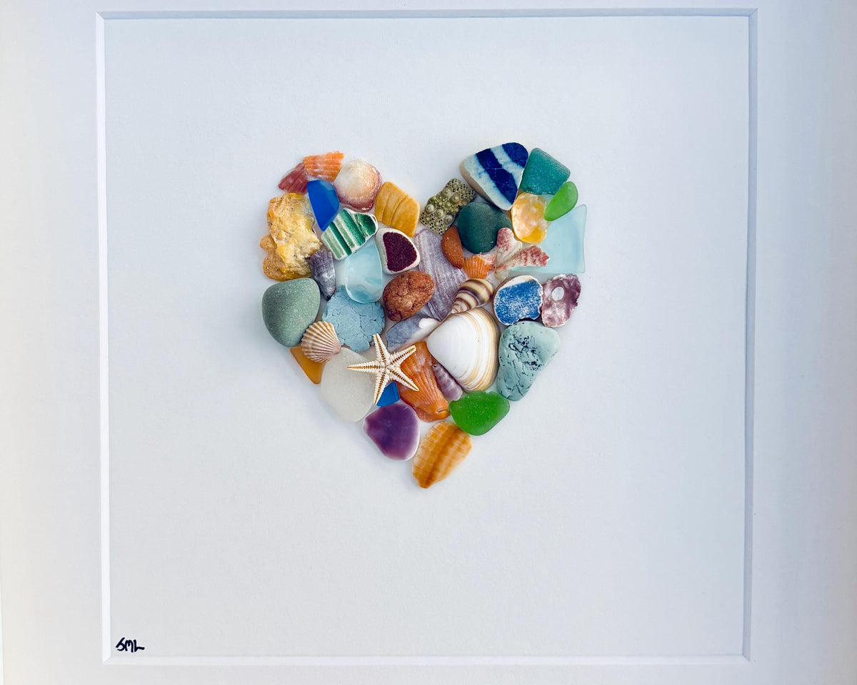 Colorful Heart Beach Collage Made of Scottish Sea Glass, Shells, Sea Pottery and Pebbles, 9x9 Framed Handmade Original Wall Decor