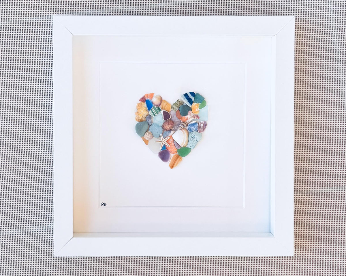 Colorful Heart Beach Collage Made of Scottish Sea Glass, Shells, Sea Pottery and Pebbles, 9x9 Framed Handmade Original Wall Decor