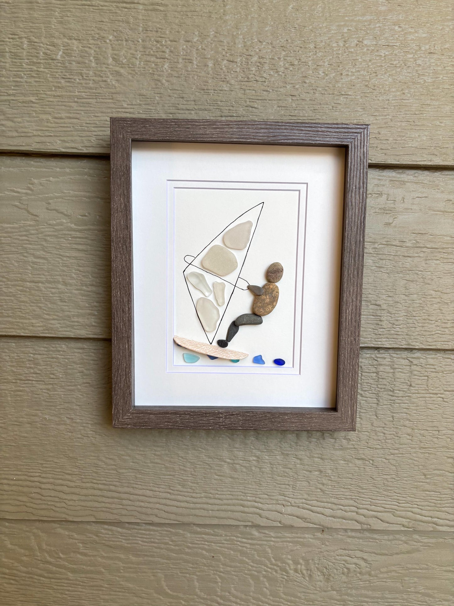 Windsurfing Pebble and Sea Glass Artwork, 8x10” Framed Handmade Wall Decor