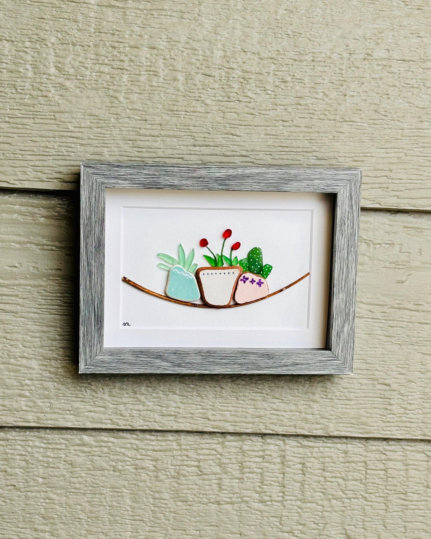 Handmade Sea Glass Pebble Plant Art - Framed Garden Scene