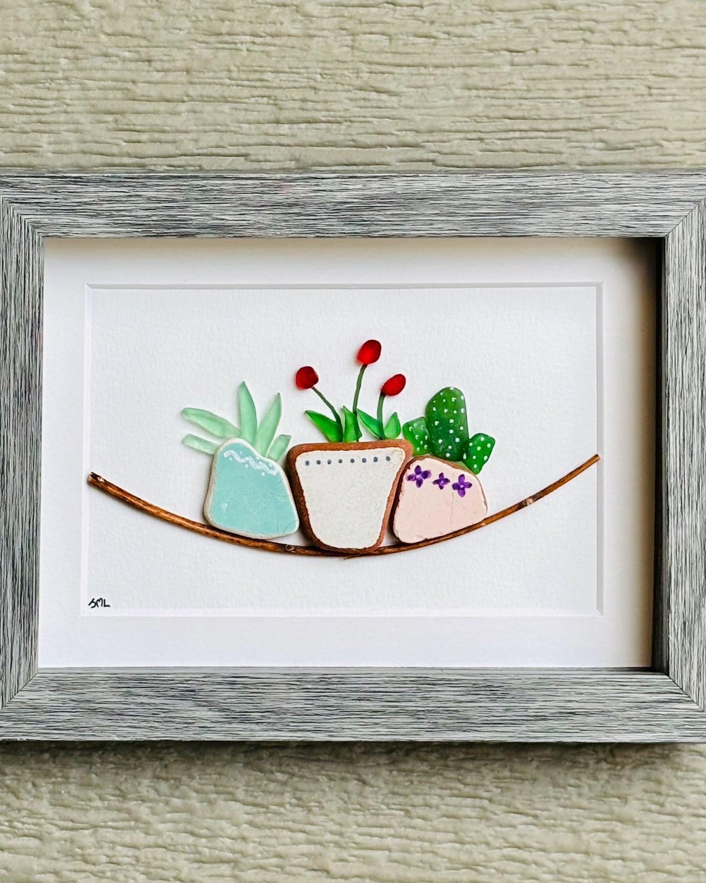 Handmade Sea Glass Pebble Plant Art - Framed Garden Scene