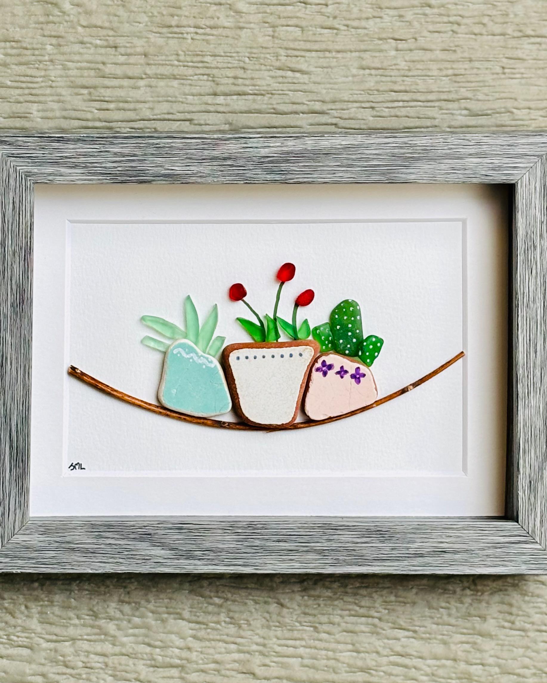 Handmade Sea Glass Pebble Plant Art - Framed Garden Scene