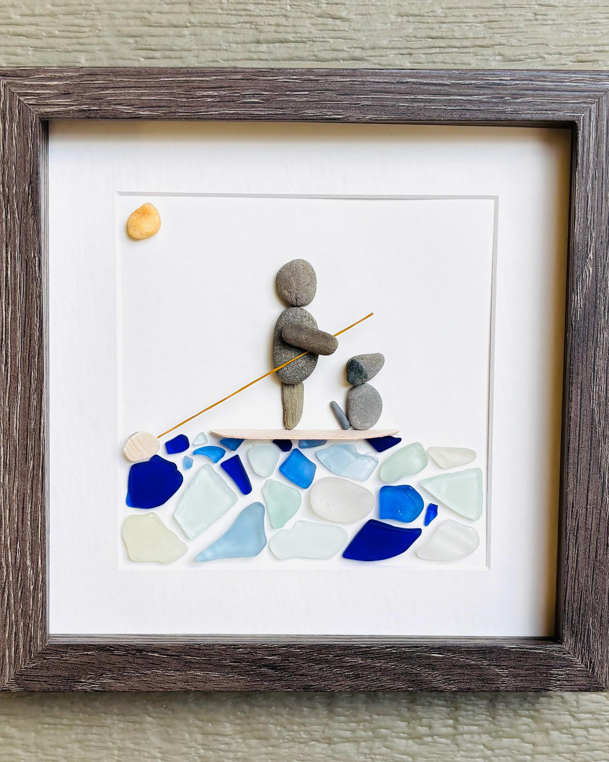 Paddle Boarding With Dog Framed Sea Glass and Pebble Art, ~ 9 x 9 inches