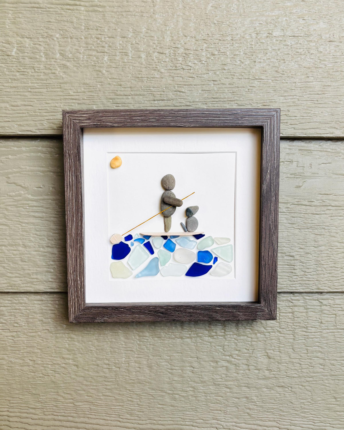 Paddle Boarding With Dog Framed Sea Glass and Pebble Art, ~ 9 x 9 inches