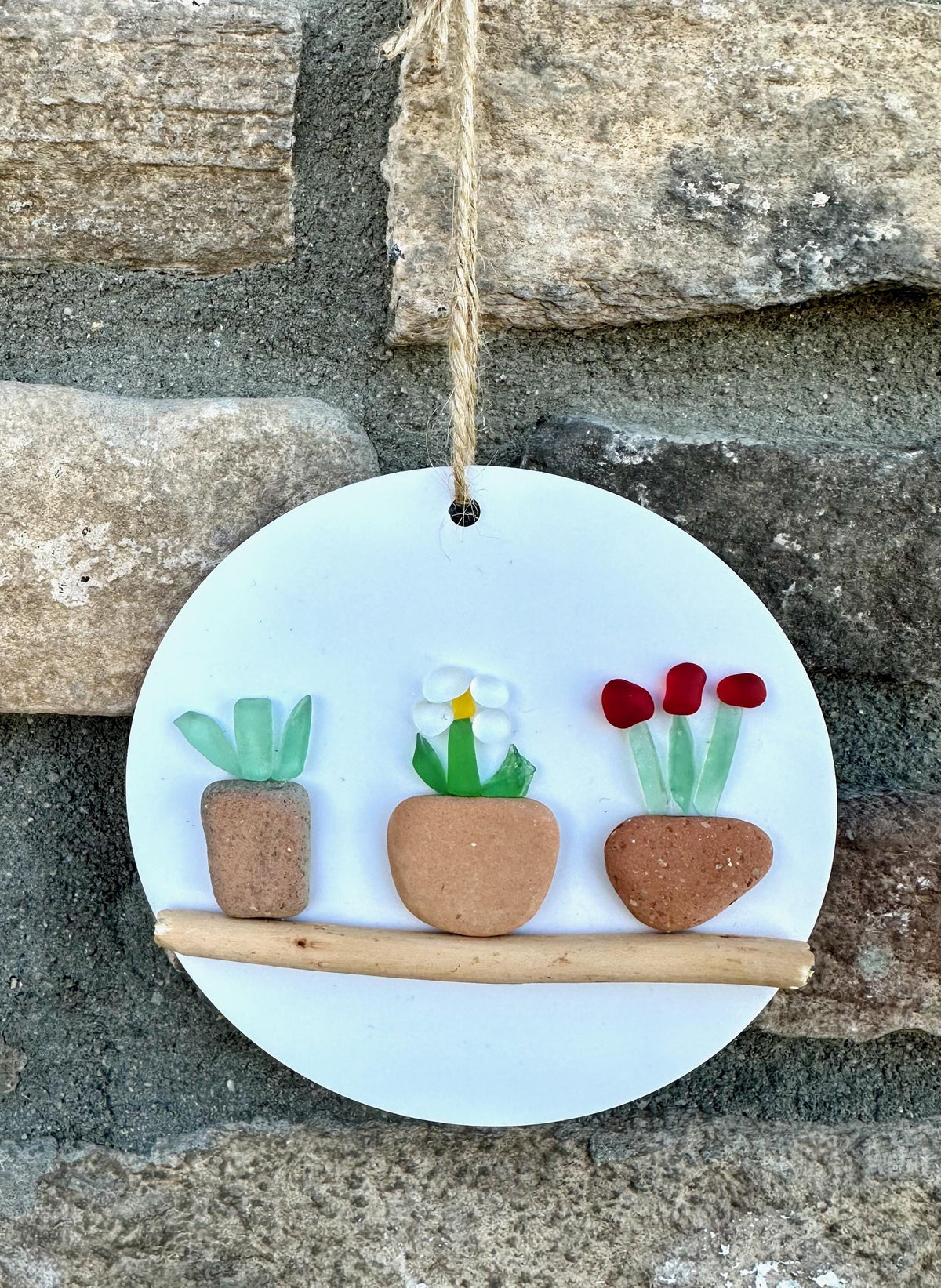Colorful Sea Glass Flowers in Pebble Pots on wood round made from Scottish Seaglass and Dried Wood, Perfect Holiday Gift, Stocking Stuffer