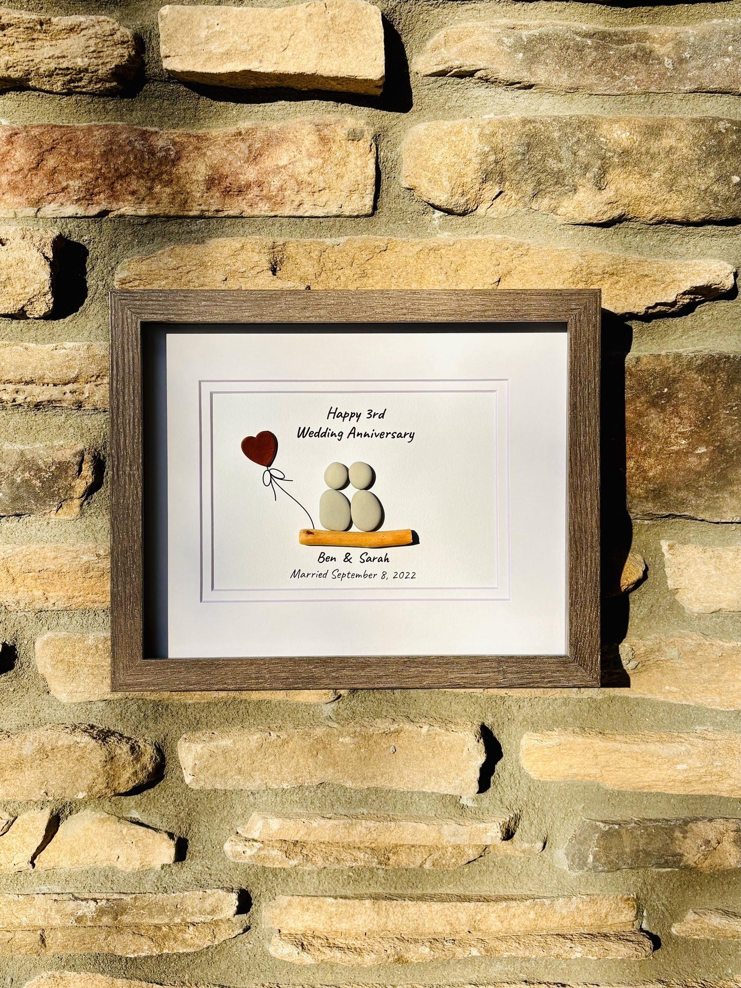 Personalized Pebble Art 3rd Anniversary Gift, Leather Heart Detail