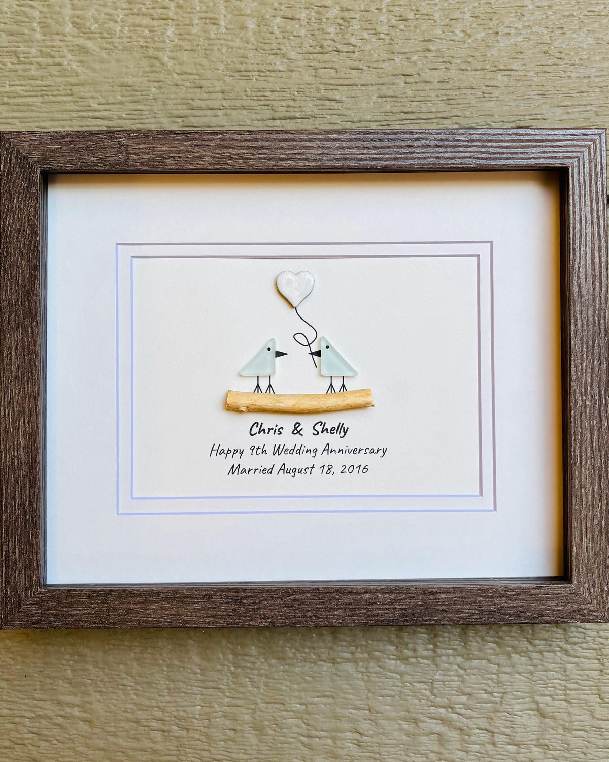 9th Wedding Anniversary Pebble Art | Sea Glass Love Birds With Ceramic Heart