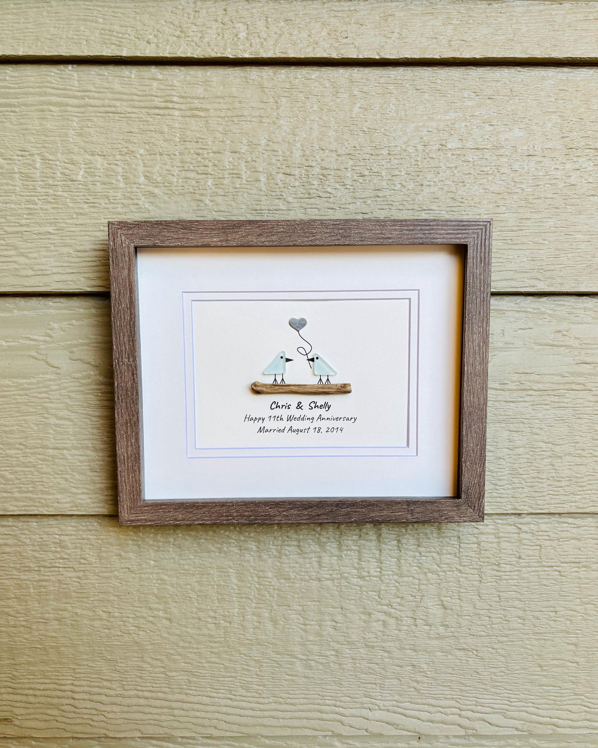 11th Wedding Anniversary Pebble Art | Steel Anniversary Gift | Sea Glass Love Birds