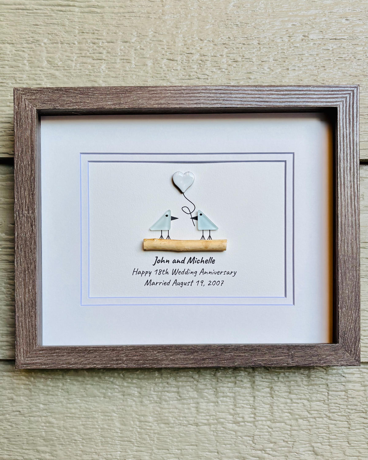 Customized 18th Wedding Anniversary Pebble Art | Porcelain Anniversary Gift | Sea Glass Love Birds Artwork