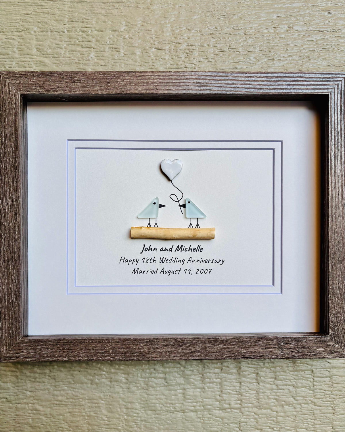 Customized 18th Wedding Anniversary Pebble Art | Porcelain Anniversary Gift | Sea Glass Love Birds Artwork