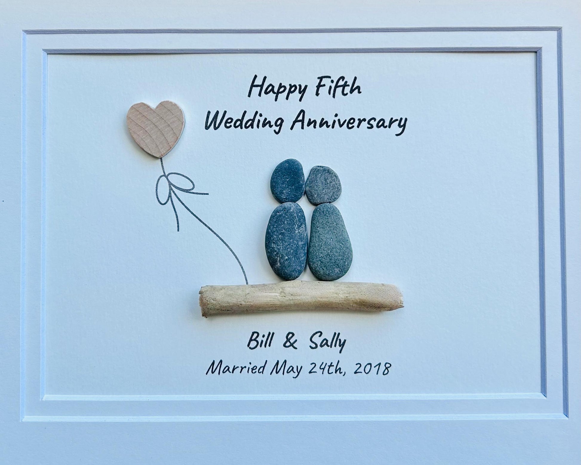 Personalized 5th Anniversary Pebble Art, Framed Wood Anniversary Gift