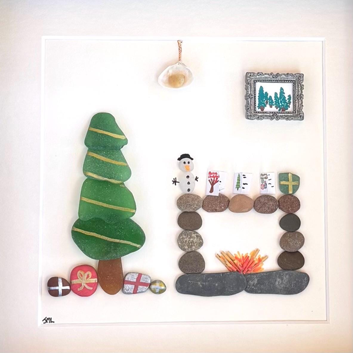 One of a kind Christmas Wall Art Made From Natural Materials incl. Scottish sea glass, beach pebbles, shells; 9x9 Framed Christmas Artwork